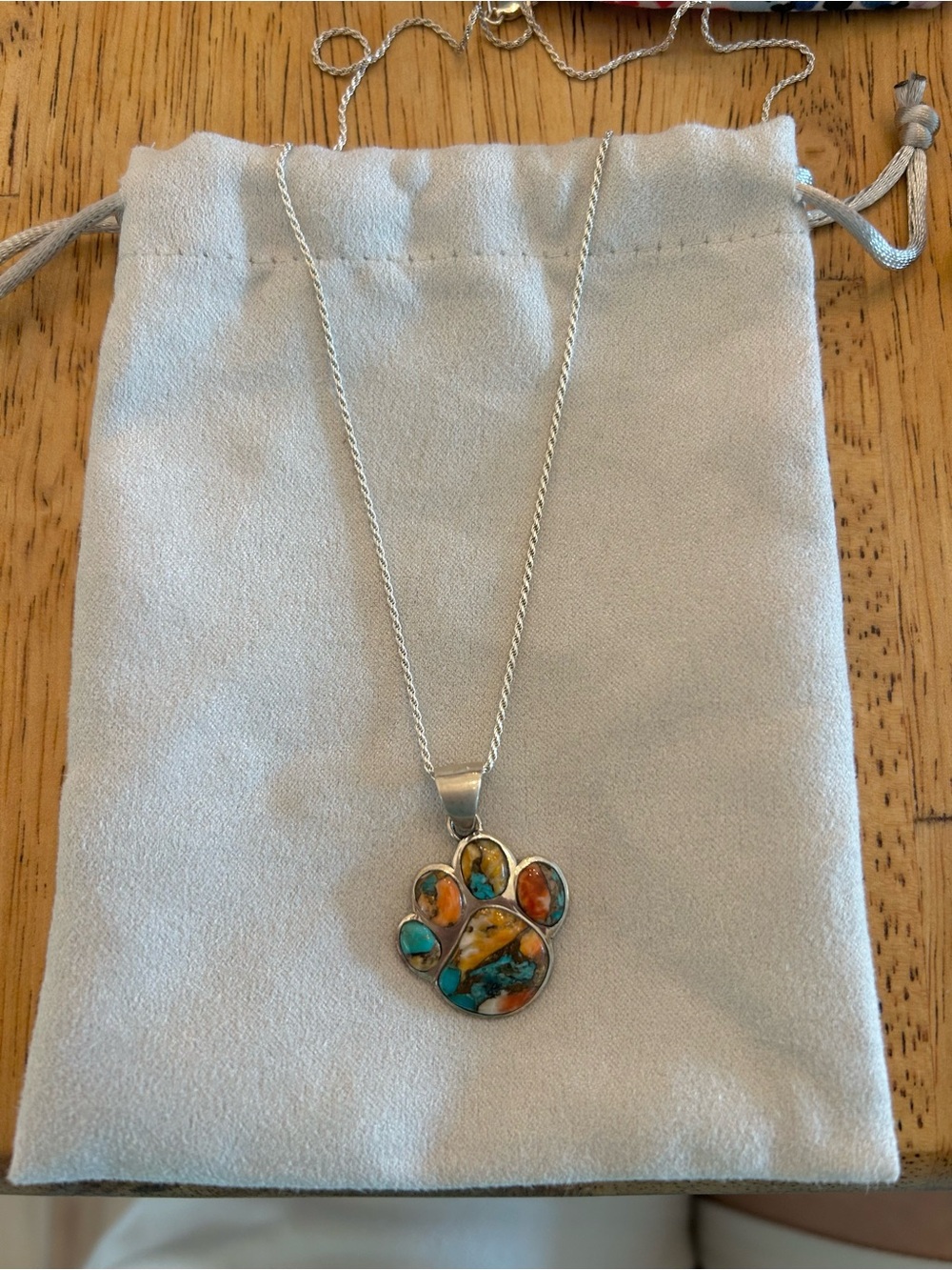 Multicolor Paw Pendant Necklace - Turquoise & Orange Inlay